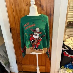 Green Christmas Sweater with Southwestern Santa Design Size L